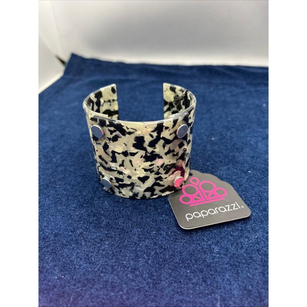 Black & White Tortoiseshell Cuff Bracelet By Paparazzi With Rivet Accents